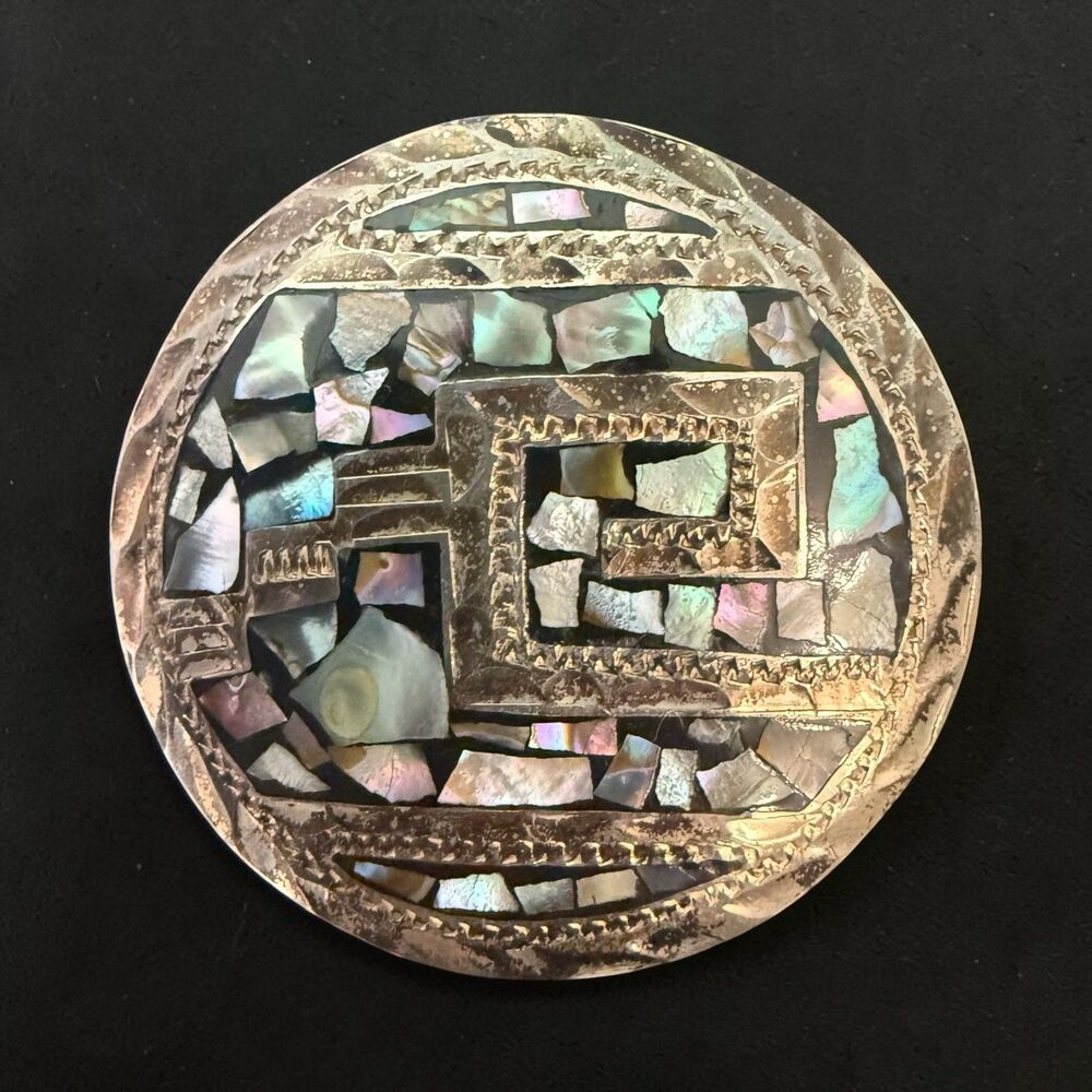Vintage Sterling Silver Abalone Mosaic Brooch Pendant Mexican Modernist Signed